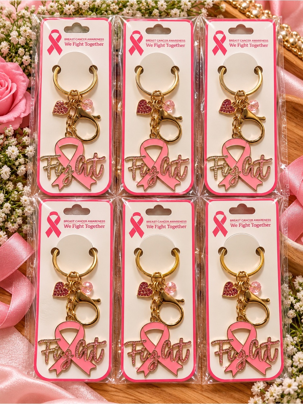6 Breast Cancer Awareness Pink Ribbon Keychain - We Fight Together
